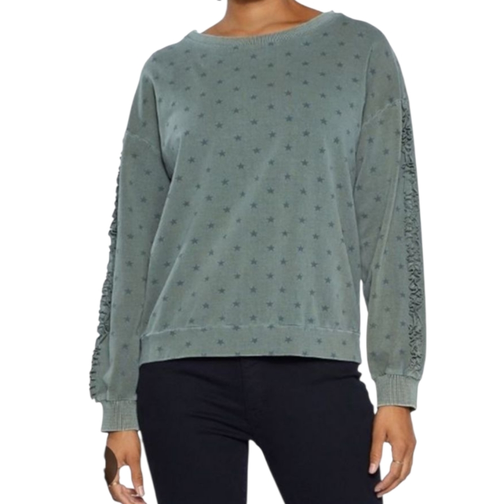 NWT! Billy T Shop Sweatshirt Women's Small Green Favorite Army Star Ruffle NEW